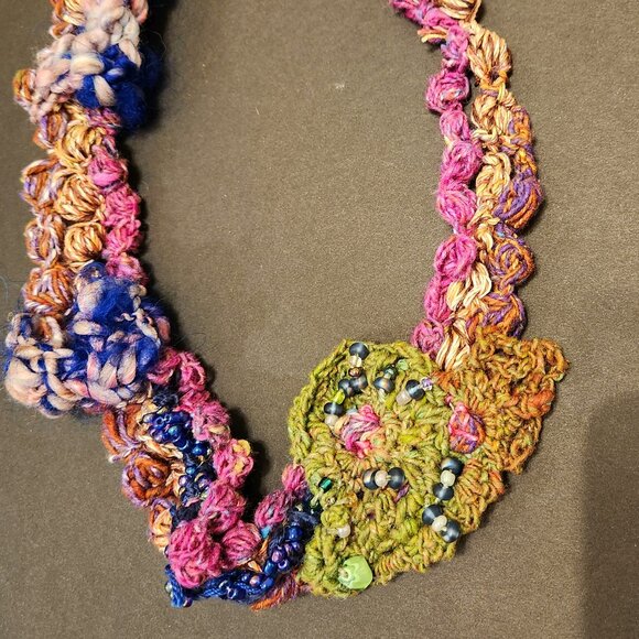 New free form necklace handmade 30 in long, soft fibers and hand applique. - Picture 1 of 2